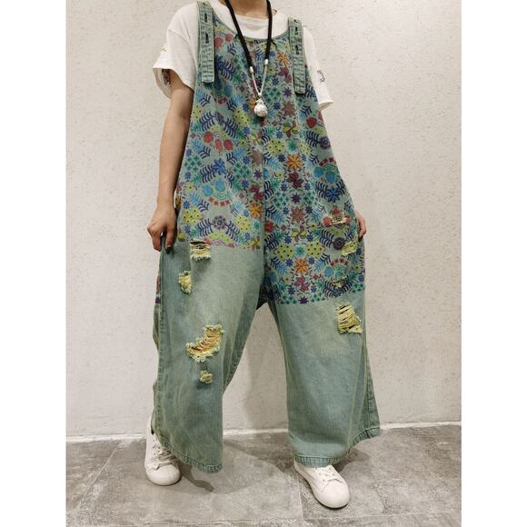 MONTHORIGIN Womens XL Art to Wear Floral Print Denim Wide Leg Jumpsuit Lagenlook - Picture 6 of 6